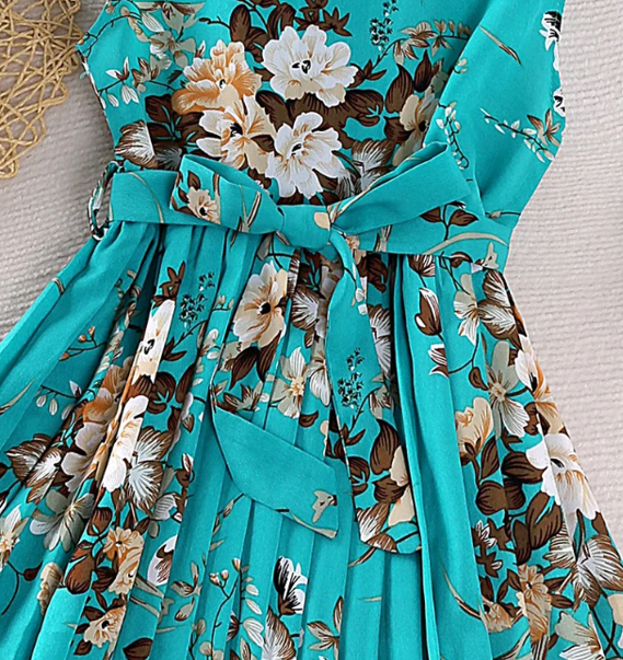 Girl's Floral Print Fly-sleeve Pleated Dress - Turquoise