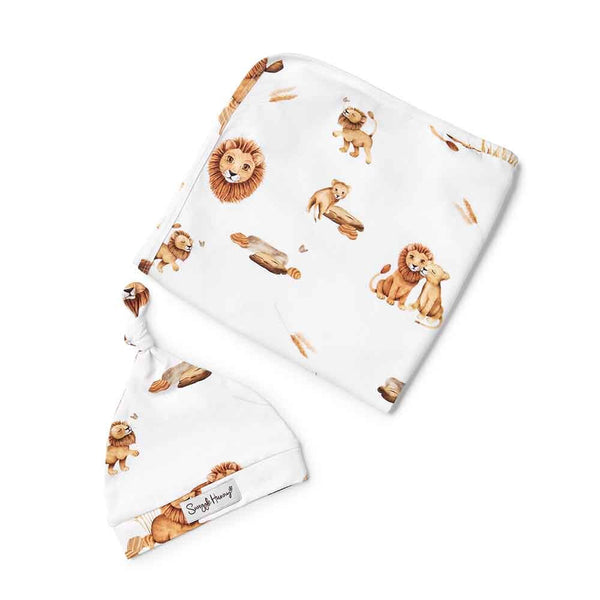 Unisex Cotton Lion Baby Jersey Wrap & Beanie Set