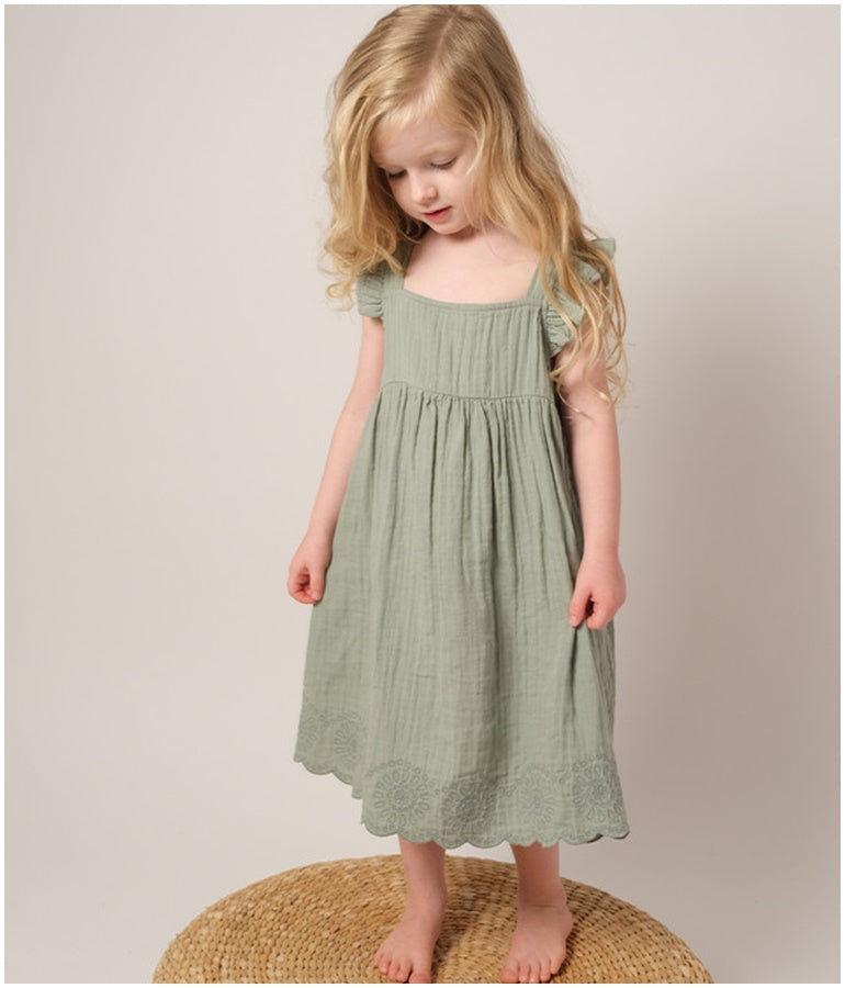 Girl's Organic Muslin Charlotte Dress - Matcha