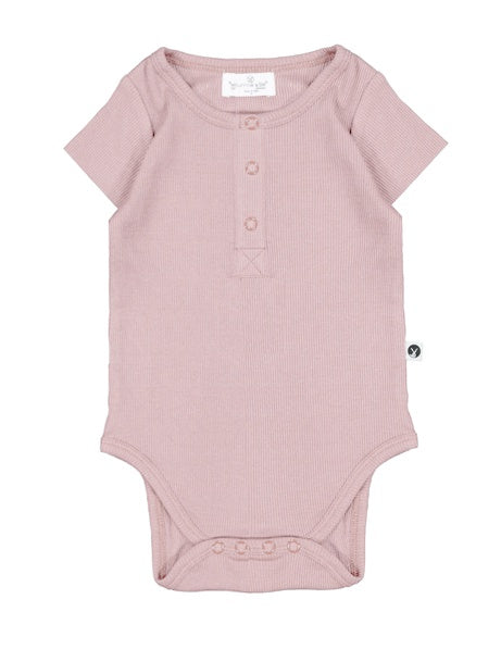Short Sleeve Rib Henley Body Suit - Dusty Rose