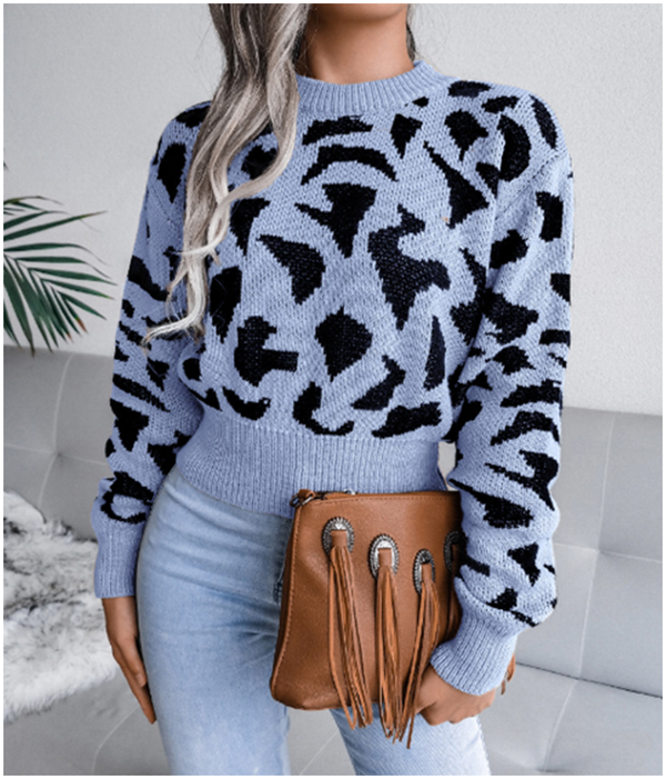 Girl's Leopard Pattern Sweater - Blue