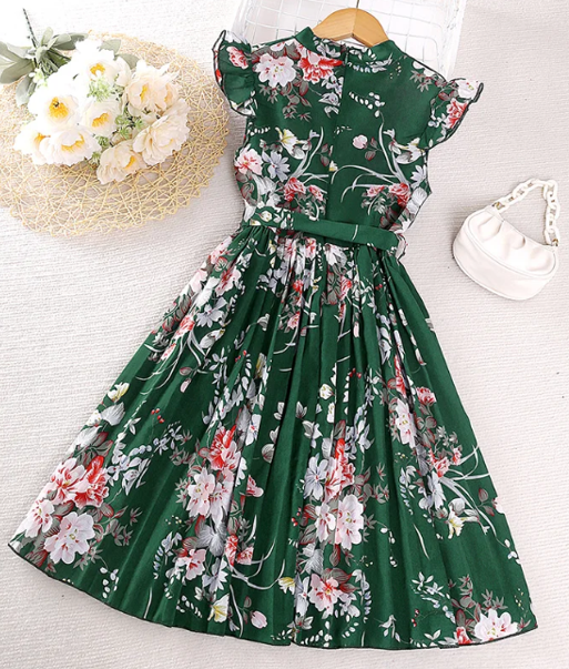 Girl's Floral Print Fly-sleeve Pleated Dress - Forest Green