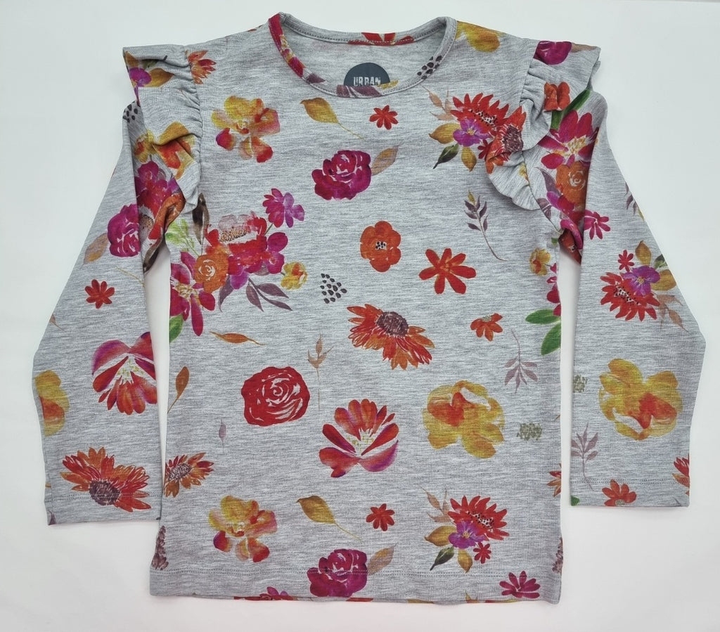 Girl's Long Sleeve Cotton Top - Grey Floral