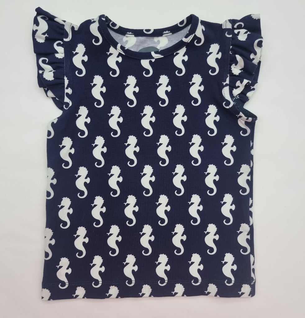 Girl's Ruffle Sleeve Cotton Top - Seahorse