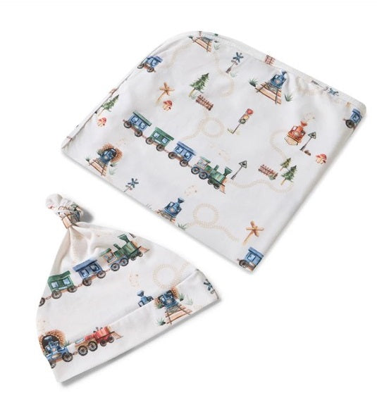 Boy's Organic Cotton Trains Baby Jersey Wrap & Beanie Set
