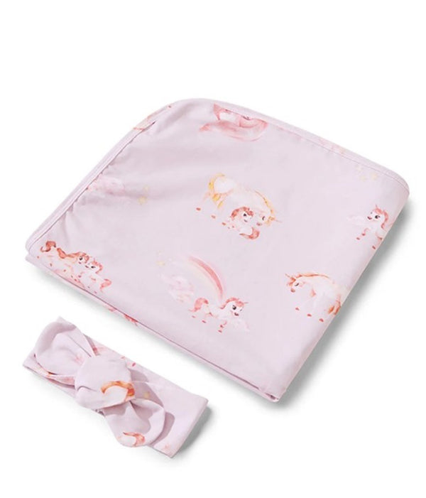 Girl's Cotton Unicorn Baby Jersey Wrap and Topknot set