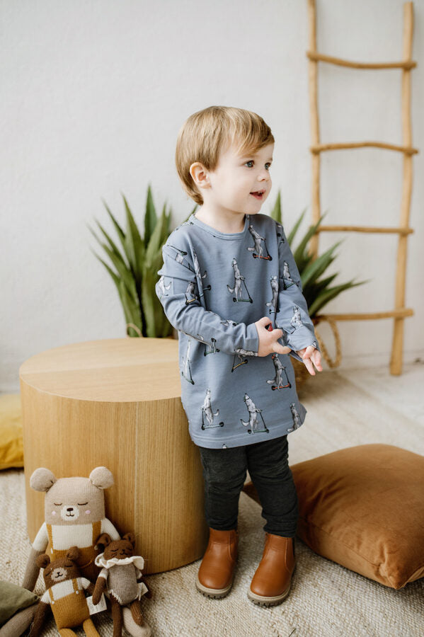 Boy's Organic-cotton Long-sleeved Top - Wolves on Scooters