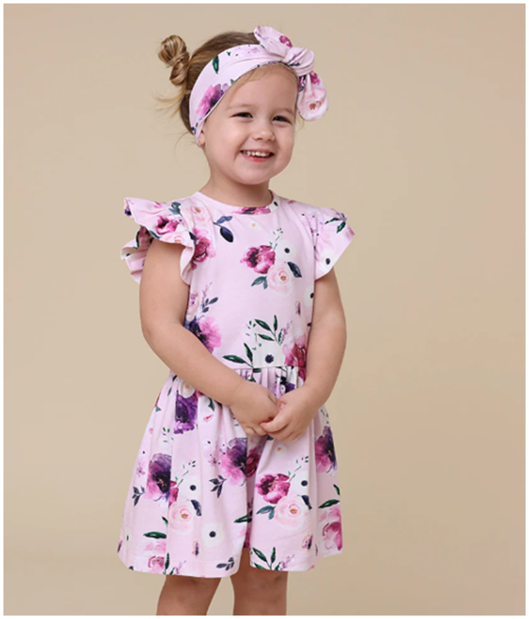 Girl's Organic-cotton Short-sleeved Dress - Floral Kiss