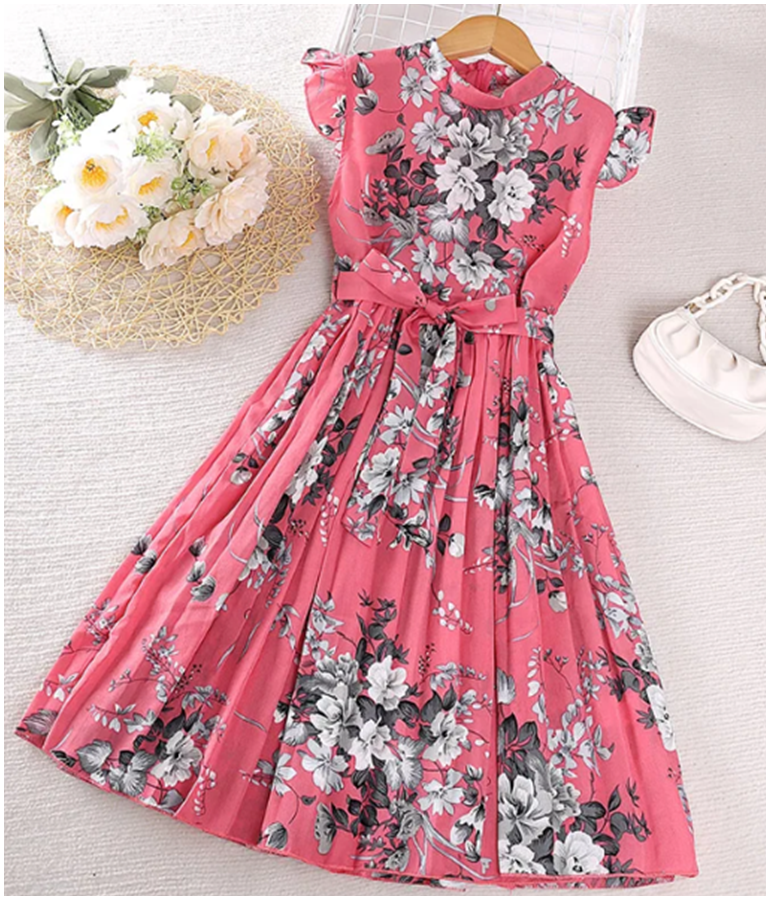 Girl's Floral Print Fly-sleeve Pleated Dress - Pink
