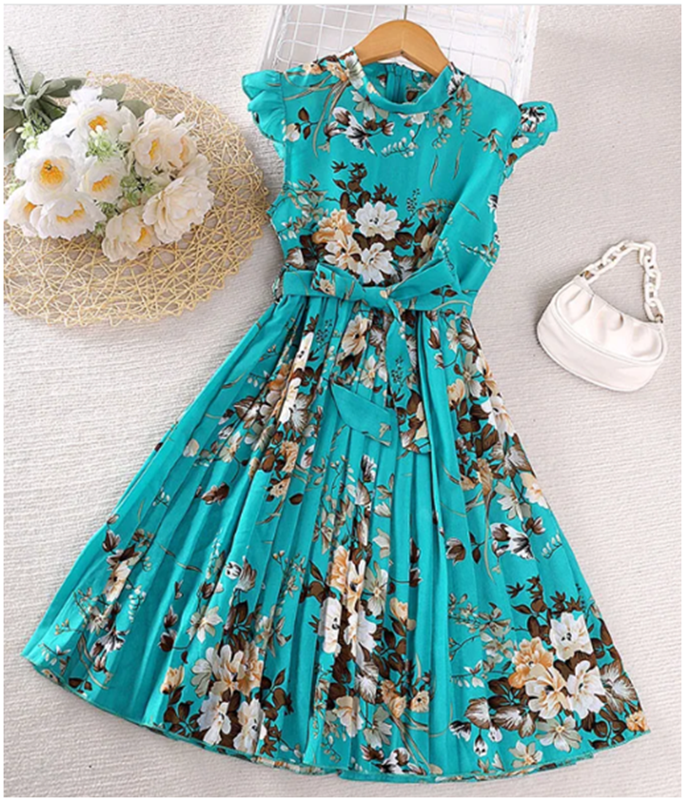 Girl's Floral Print Fly-sleeve Pleated Dress - Turquoise