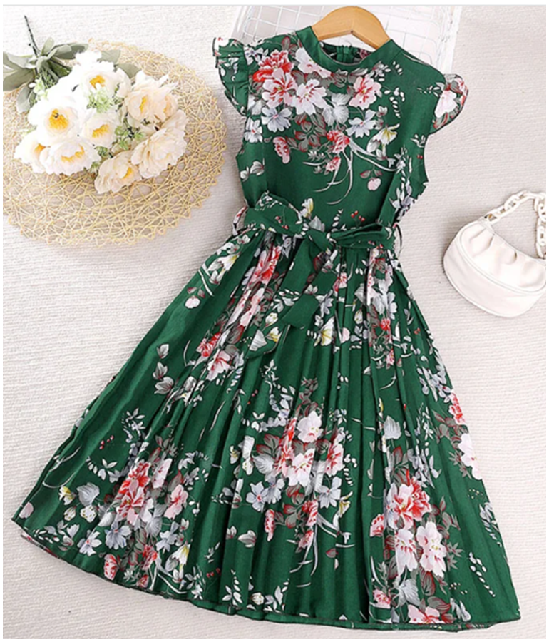Girl's Floral Print Fly-sleeve Pleated Dress - Forest Green