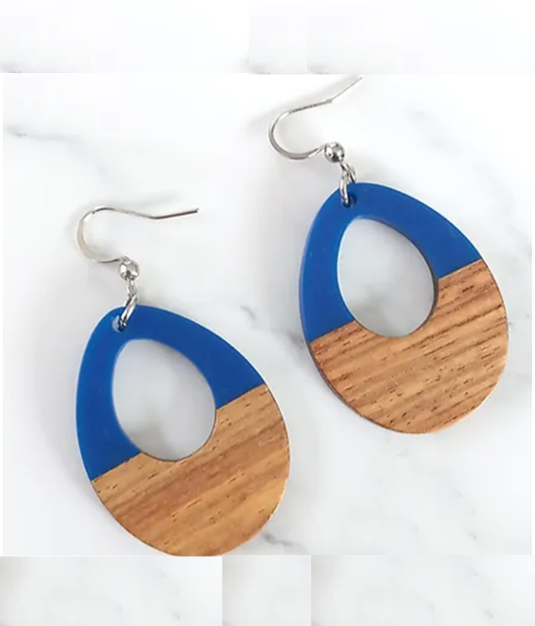 Wood Resin Stainless Steel Dangle Helli Earrings - Blue