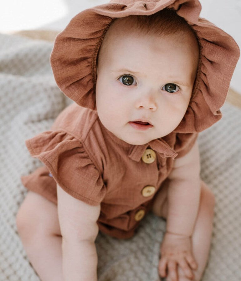 Girl's Romper Organic Muslin - Rust with buttons