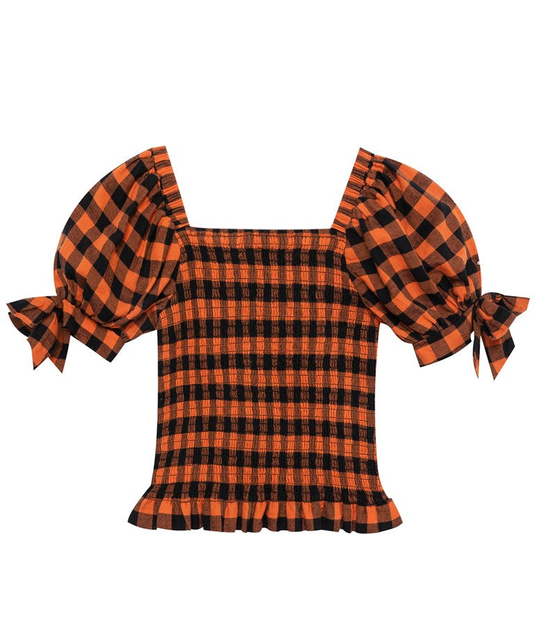 Girl's Cotton Smocked Puff Sleeve Top - Rust