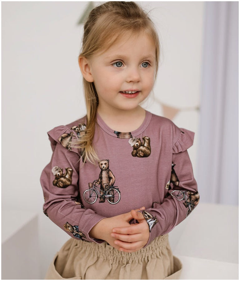 Girl's Organic-cotton Long-sleeved Top - Bears Violet